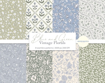 Blue & Green Vintage Floral Digital Paper: Seamless Patterns (JPG)