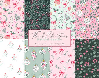Pink & Green Floral Christmas Pattern Bundle: Boho Watercolor Designs (Digital Paper Pack)