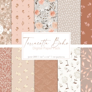 Terracotta Boho | Digital Paper Pack | Set of 10 Seamless Repeating Patterns, Backgrounds, Commercial Use JPG