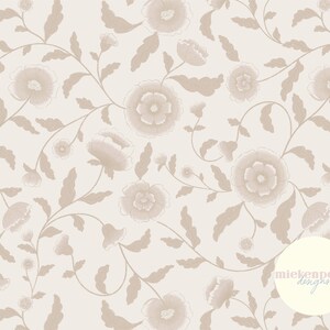 May include: A seamless pattern featuring delicate beige floral designs on a light beige background. The pattern includes stylized flowers, leaves, and vines. The text "mickenpetra designs" appears in a circle in the lower right corner.