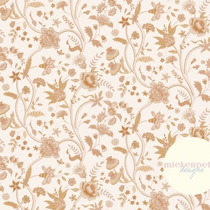 Könnte beinhalten: Ein nahtloses Muster mit einem zarten floralen Design in Braun- und Beigetönen auf einem hellrosa Hintergrund. Das Muster enthält stilisierte Blumen, Blätter und Ranken, die eine Vintage- und romantische Ästhetik erzeugen. Der Text "miekenpetra designs" erscheint in einem Kreis in der unteren rechten Ecke.
