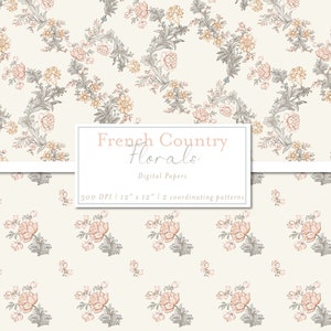 French Country Vintage Florals Pink Ivory Sage | Digital Paper Pack | 2 Seamless Repeating Patterns, Backgrounds, Commercial Use JPG