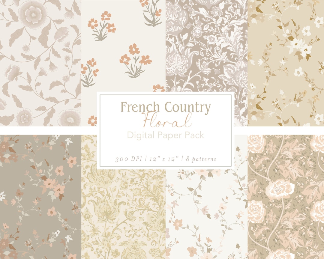 French Country Floral Digital Paper: Seamless Patterns (JPG, 12x12, 8pc ...