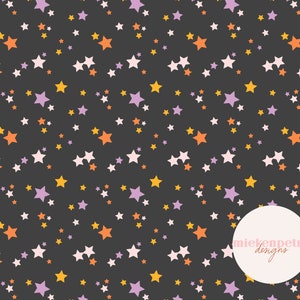 Retro Multi Color Stars on Black Seamless Pattern | Digital Paper | Halloween, Pink, Orange, Purple, Commercial Use JPG
