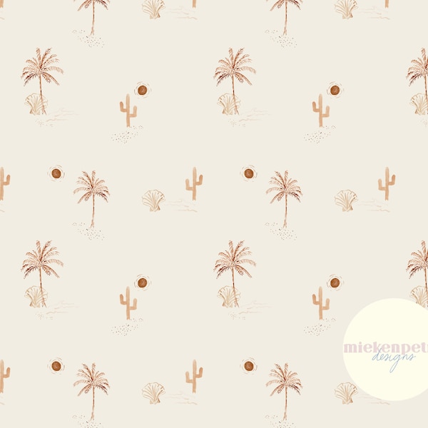 Boho Palm Trees, Seashell and Cactus Summer Repeating Pattern | Neutral Beige, Brown Digital Paper | High Resolution Commercial Use JPG