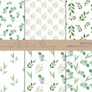 Minimalist Watercolor Greenery | Digital Paper Pack | Set of 6 Seamless Repeating Patterns, Backgrounds, Commercial Use JPG