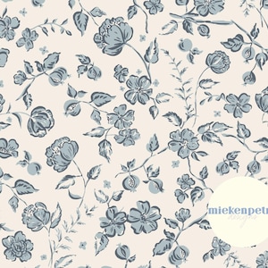 May include: A seamless pattern featuring blue floral elements on a cream background. The design includes stylized flowers, leaves, and berries, creating a botanical theme. The artwork has a hand-painted aesthetic, suitable for fabric or wallpaper.