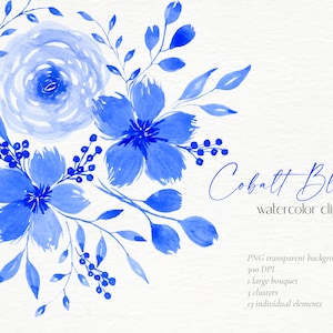 Cobalt Blue Watercolor Clipart | PNG for Sublimation, Invitations, Greeting Card, Logos, Graphic Design | Hand Painted Florals