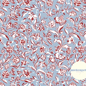 May include: A seamless pattern featuring white flowers and leaves on a light blue background. The flowers and leaves are outlined in red. The pattern is repeated throughout the image. The text "miekenpetra design" is in a circle in the lower right corner of the image.
