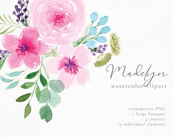 Clipart aquarelle Madelyn | Faire-part de mariage, carte de voeux, décoration, logos, tissu | Rose, bleu, vert, violet
