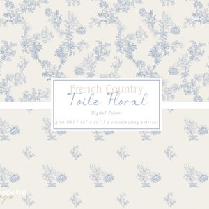French Country Toile Vintage Blue and White Florals | Digital Paper Pack | 2 Seamless Repeating Patterns, Backgrounds, Commercial Use JPG