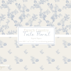 French Country Toile Vintage Blaue und Weiße Blumen | Digitales Papier | 2 Nahtlose sich wiederholende Muster, Hintergründe, JPG für kommerzielle Nutzung