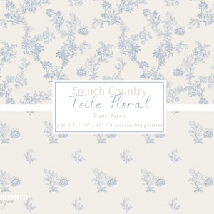 French Country Toile Vintage Blue and White Florals | Digital Paper Pack | 2 Seamless Repeating Patterns, Backgrounds, Commercial Use JPG