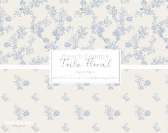 French Country Toile Digital Paper Pack: Blue White Floral Patterns (Commercial Use JPG)