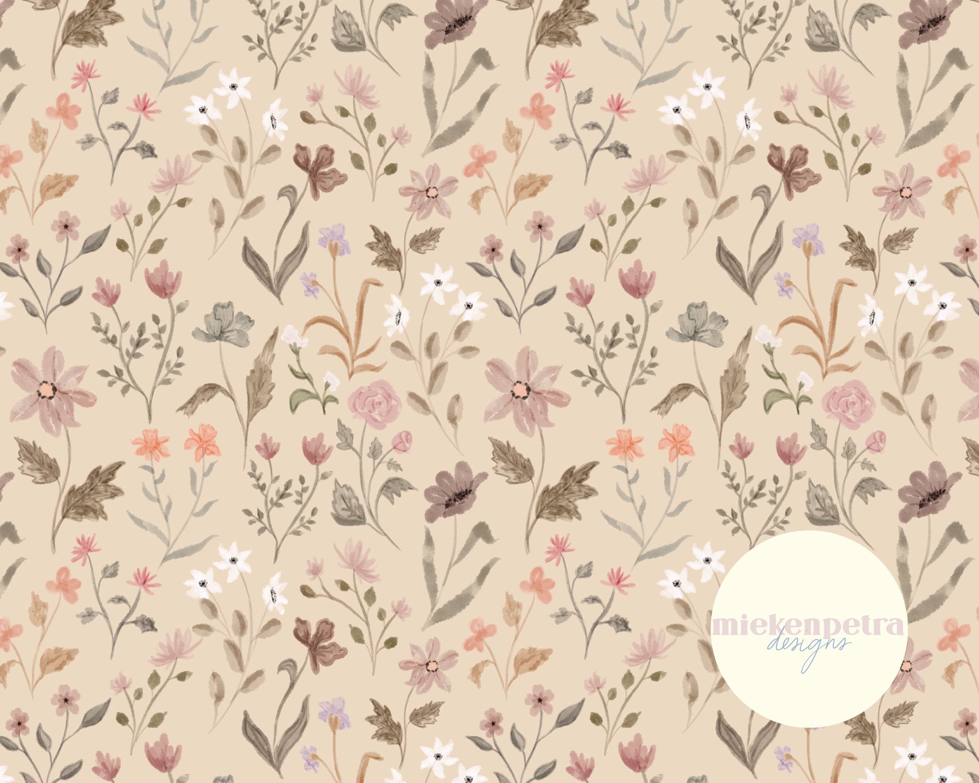 Wildflowers Watercolor Floral Pattern: Neutral Boho Digital Paper (JPG)