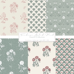Bundel boerderijblokprint met bloemen, groen en roze patroon | Digitaal papierpakket | Set van 6 naadloze herhalende patronen, commercieel gebruik JPG