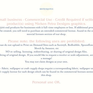 May include: Text-based image with licensing information for Mieken Petra Designs graphics. Details include commercial use terms, restrictions on print-on-demand sites, and guidelines for fabric and wallpaper shops. Personal use is permitted.