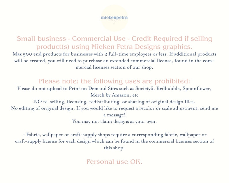 May include: Text-based image with licensing information for Mieken Petra Designs graphics. Details include commercial use terms, restrictions on print-on-demand sites, and guidelines for fabric and wallpaper shops. Personal use is permitted.