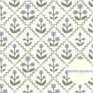 Boho blokprint blauwgroen naadloos bloemenpatroon, herhalingspatroon | Digitaal papier | Commercieel gebruik JPG met hoge resolutie