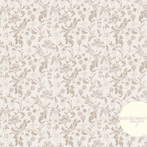 Puede incluir: Un patrón sin costuras con un delicado diseño floral en tonos beige sobre un fondo blanco. El patrón incluye pequeñas flores, hojas y enredaderas, creando un aspecto sutil y elegante.