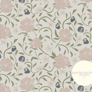 Könnte beinhalten: Ein nahtloses Muster mit zarten rosa Pfingstrosen, grünen Blättern und kleinen weißen Blüten auf einem hellbeigen Hintergrund. Das Muster wiederholt sich über das gesamte Bild. Der Text "miekenpetra designs" ist in einem Kreis in der unteren rechten Ecke des Bildes sichtbar.