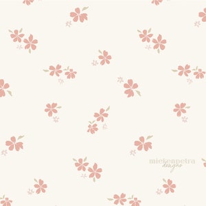 May include: A seamless pattern featuring delicate pink flowers on a white background. The flowers are arranged in a repeating pattern, creating a subtle and elegant design.
