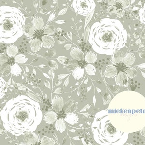 May include: A seamless pattern featuring white flowers and leaves on a light green background. The flowers are stylized and have a watercolor effect. The pattern is perfect for use in fabric, wallpaper, or other design projects.
