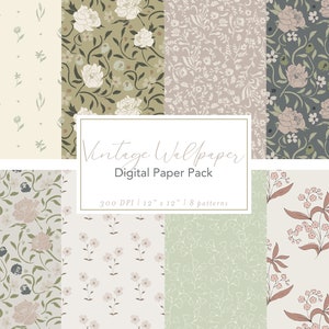 Vintage Wallpaper | Digital Paper Pack | Set of 8 Seamless Repeating Patterns, Backgrounds, Commercial Use JPG, William Morris, Block Print