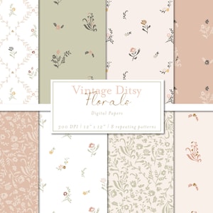 Paquete de papel digital con estampados florales vintage, conjunto de 8 patrones repetitivos sin costuras, fondos, papeles tapiz, estilo cottagecore, uso comercial, JPG