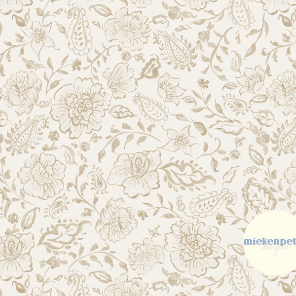 Beige Boho Watercolor Paisley Floral Pattern: Seamless Digital Paper (JPG)