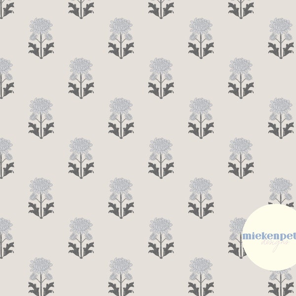 Block Print Floral Seamless Pattern | Digital Paper | Blue, Beige | High Resolution Commercial Use JPG