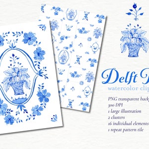 Delft Tile Blue and White Watercolor Clipart | PNG for Sublimation, Invitations, Greeting Card, Logos, Graphic Design | Hand Painted Florals