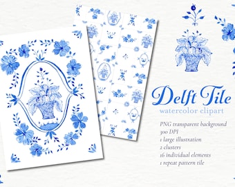 Delft Tile Watercolor Clipart: Floral PNG Graphics (Digital Download)