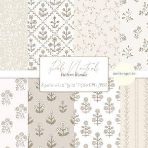 Pode incluir: Uma coleção de oito padrões digitais em tons neutros, cada um com 30,48 cm por 30,48 cm. Os desenhos incluem motivos florais e botânicos em tons de bege, creme e taupe. A imagem inclui o texto "Pale Neutrals Pattern Bundle".
