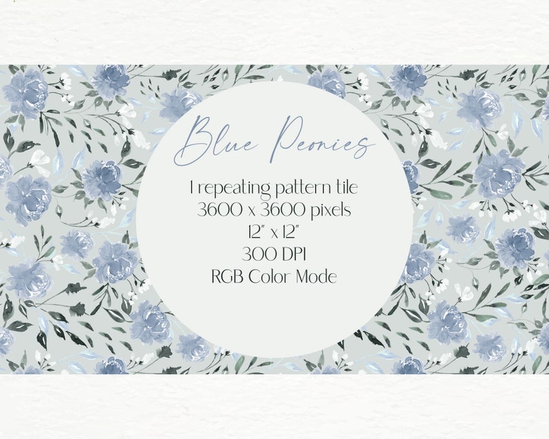 Blue Peonies Watercolor Seamless Pattern: Floral Digital Paper (JPG) - Etsy
