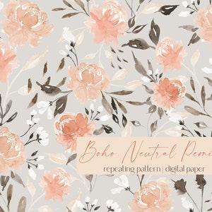 Boho Neutral Peonies Seamless Repeat Pattern | Gray, Rust, Terracotta, Beige | Floral Digital Paper, Commercial Use JPG