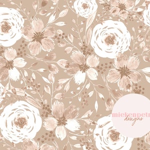 Peut inclure: Un motif sans couture composé de fleurs en aquarelle blanches et brunes sur un fond brun clair. Le motif comprend des roses, des fleurs plus petites et des feuilles. Le texte "mielenpetra designs" est dans un cercle dans le coin inférieur droit.