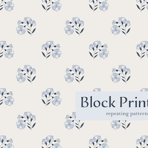 Block Print Floral Blue Beige Seamless Repeat Pattern | Blue and White Flowers | Digital Paper, Instant Download File, Commercial Use JPG