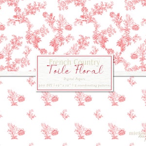 French Country Toile Vintage Red and White Florals | Digital Paper Pack | 2 Seamless Repeating Patterns, Backgrounds, Commercial Use JPG