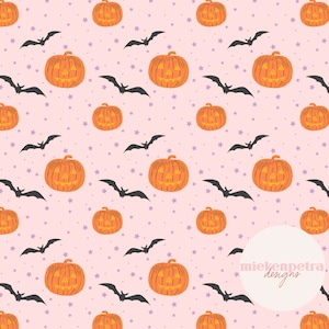 Cute Pumpkins and Bats Seamless Pattern | Digital Paper | Retro Halloween, Pink, Orange, Commercial Use JPG