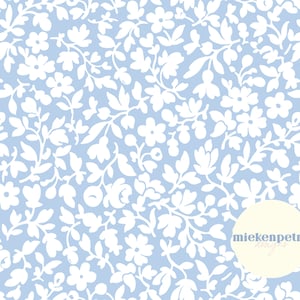 May include: A seamless pattern featuring white floral designs on a light blue background. The pattern includes small flowers, leaves, and stems. The text "miekenpetra designs" appears in a circle in the bottom right corner.
