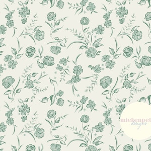 Könnte beinhalten: Ein nahtloses Muster mit einem sich wiederholenden Design aus grünen floralen Zweigen und Blättern auf einem hellbeigen Hintergrund. Das Muster ist subtil und zart, mit einer Vintage-Ästhetik. Der Text "mielenpetra designs" erscheint in einem Kreis unten rechts im Bild.