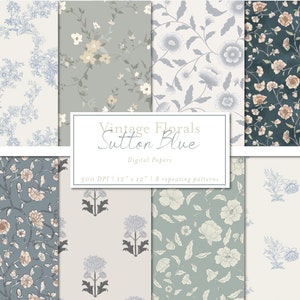 French Country Sutton Blue Vintage Florals | Digital Paper Pack | Set of 8 Seamless Repeating Patterns, Commercial Use JPG