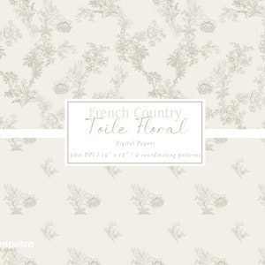 French Country Toile Vintage Bege Taupe Florals | Pacote de papel digital | 2 padrões de repetição contínua, fundos, uso comercial JPG