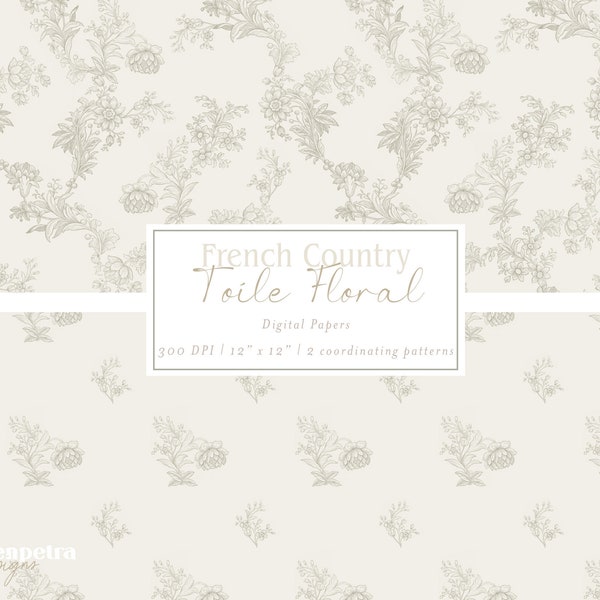 French Country Toile Vintage Beige Taupe Florals | Digital Paper Pack | 2 Seamless Repeating Patterns, Backgrounds, Commercial Use JPG