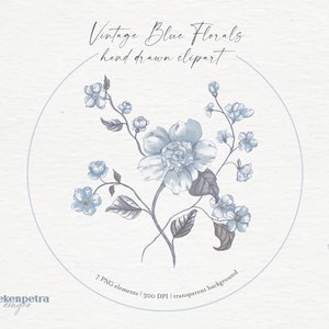 Vintage Blue and White Watercolor Clipart | Transparent PNG, Wedding Invitation Illustrations, Hand Drawn Floral Border Fine Line Art