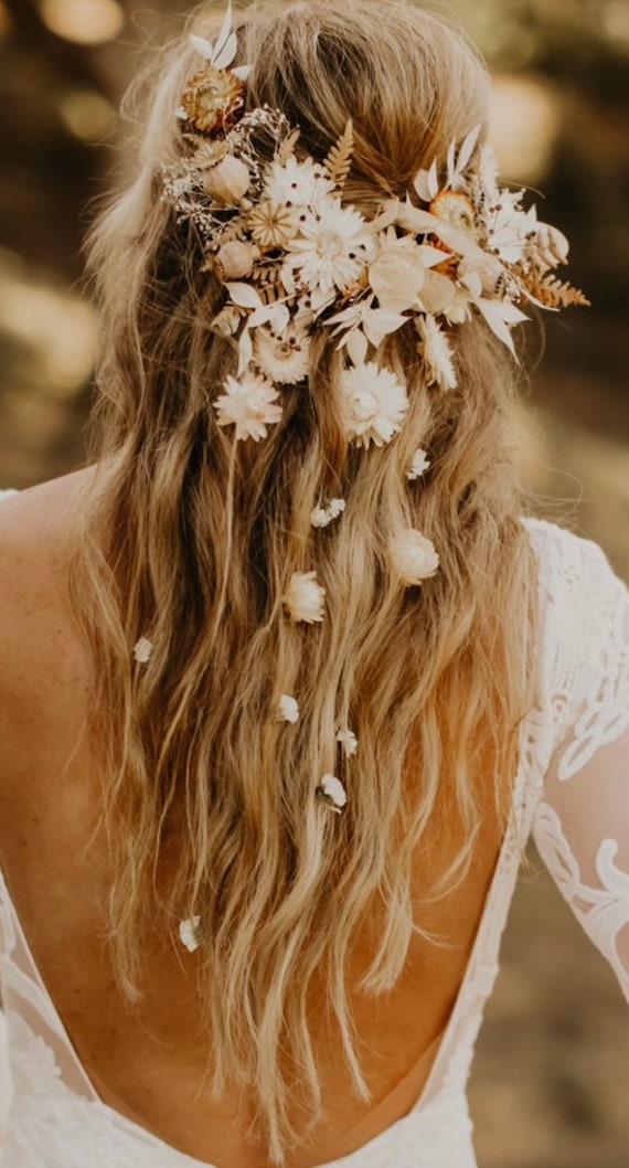 Original Boho Dried Red Orange Ivory Real Flower Hair Comb 