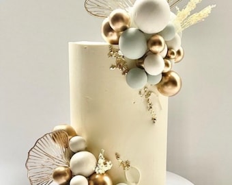 10/20 Sage White Gold Ball Ginkgo Leaf Topper DIY Cake Topper - Birthday Cake Decor