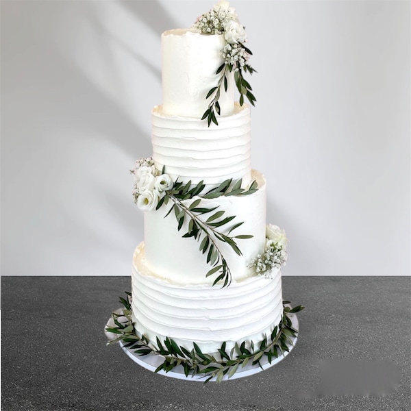 Artificial Green Olive Branch Leaf Gypsophila White Rose Garland Cake Decor - Floral Cake Topper - Rose Topper