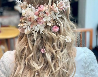 Boho gedroogde roze witte echte bloem haarkam - bruiloft haartoebehoren - bruidsbloem haarkam